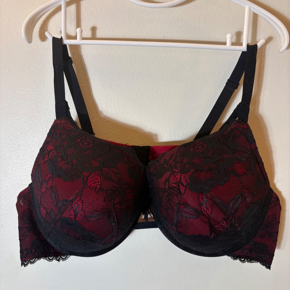 Torrid Curve Red Black Floral Lace Push-Up Plunge Bra Size 50C